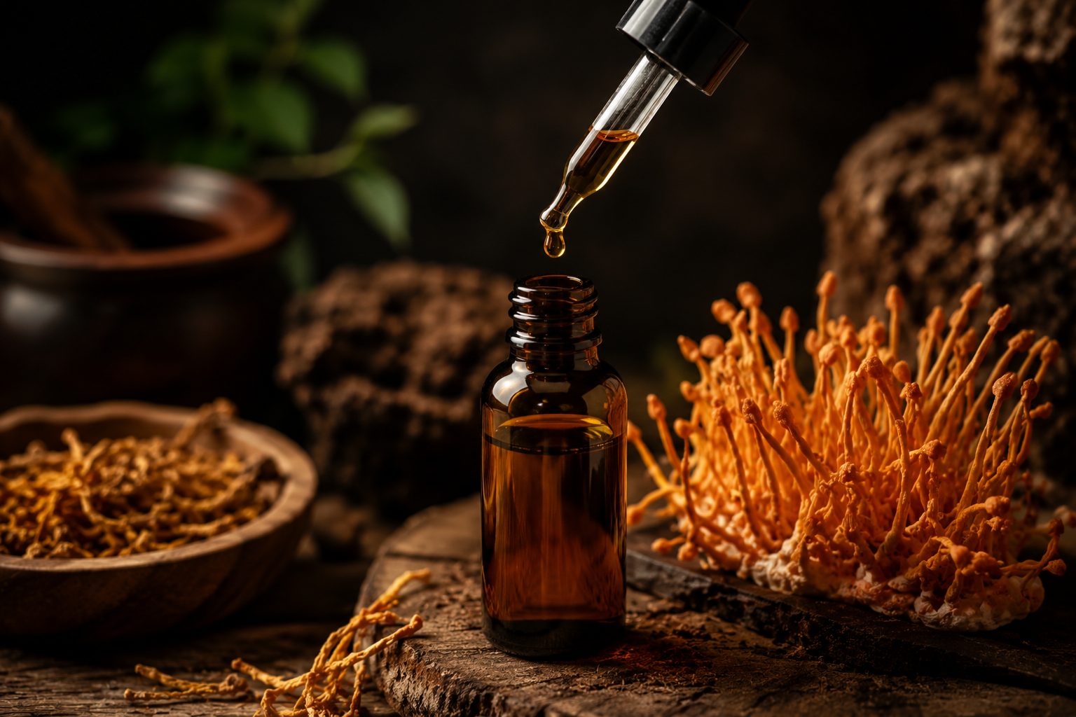Cordyceps militaris fruiting bodies beside an extract dropper bottle