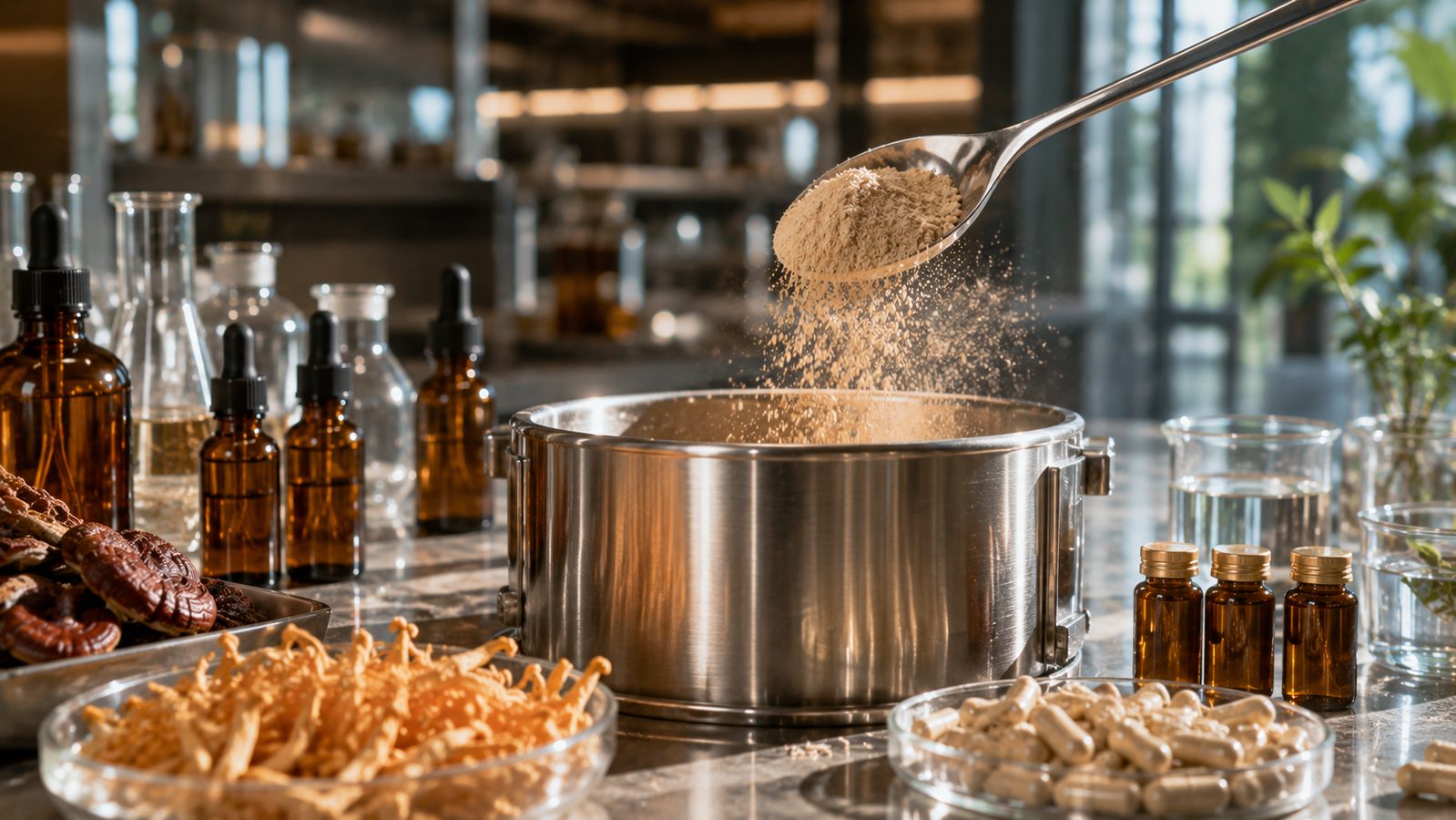 Mushroom extract powder being prepared for capsule and ingredient formats