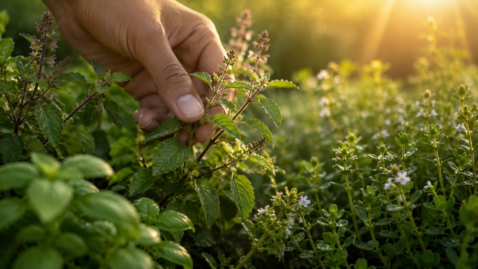 Tulsi or holy basil leaves and flowering stems in a field